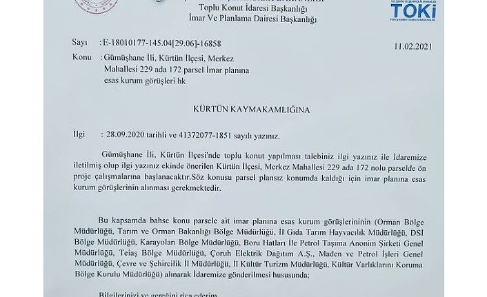 TOKİ Kürtün'de toplu konut yapacak