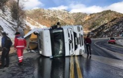 Zigana dağında buğday yüklü tır devrildi: 1 yaralı