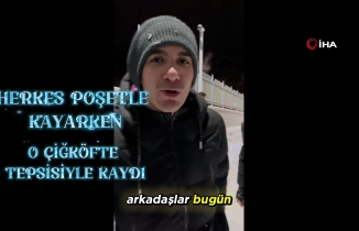 Herkes karda poşetle kayarken o çiğköfte tepsisiyle kaydı